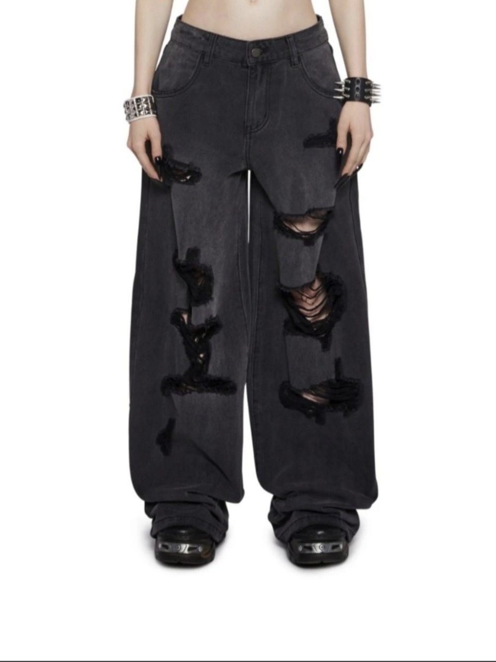Dolls Kill Black Distressed Wide-Leg Jeans
